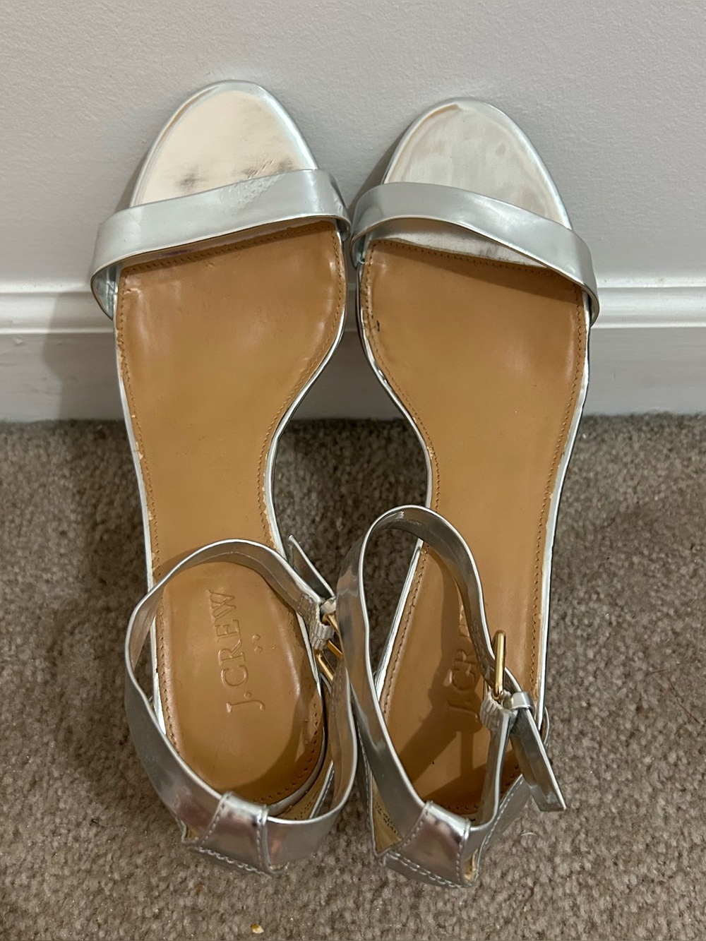 J.CREW Women's Leather Metallic Peep-Toe Ankle Strap Heels , Silver, Size 9